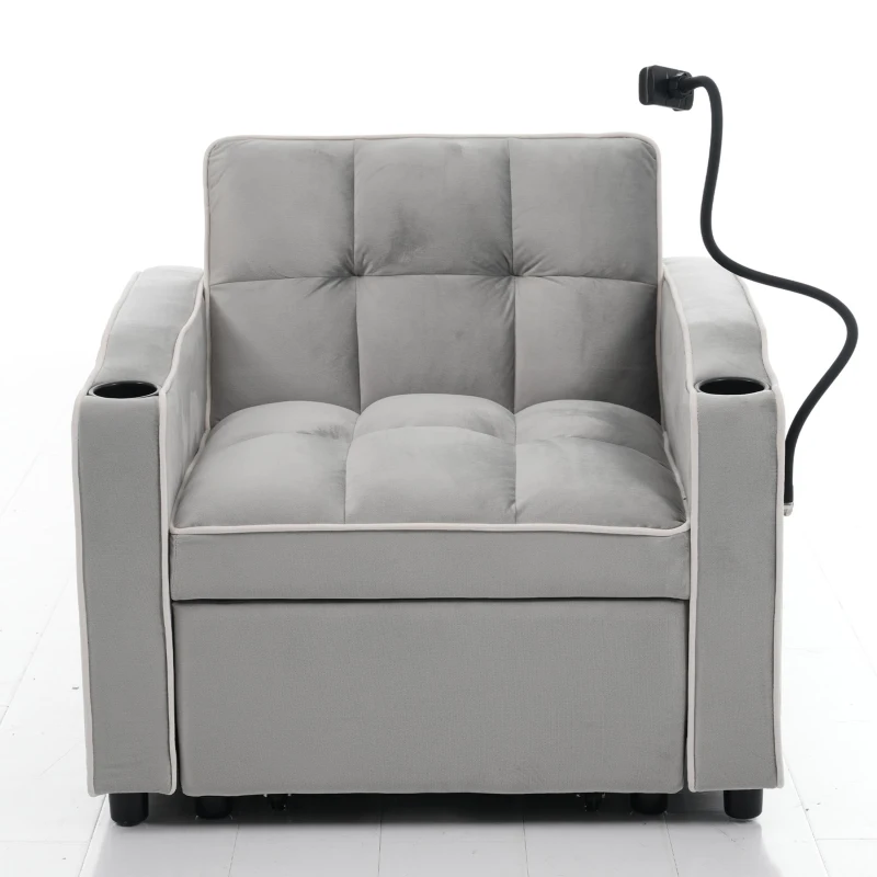 Divano letto estraibile 3-in-1, con portabicchieri e porta smartphone, rivestimento in velluto, struttura in metallo, 83x167x76 cm, Grigio e bianco