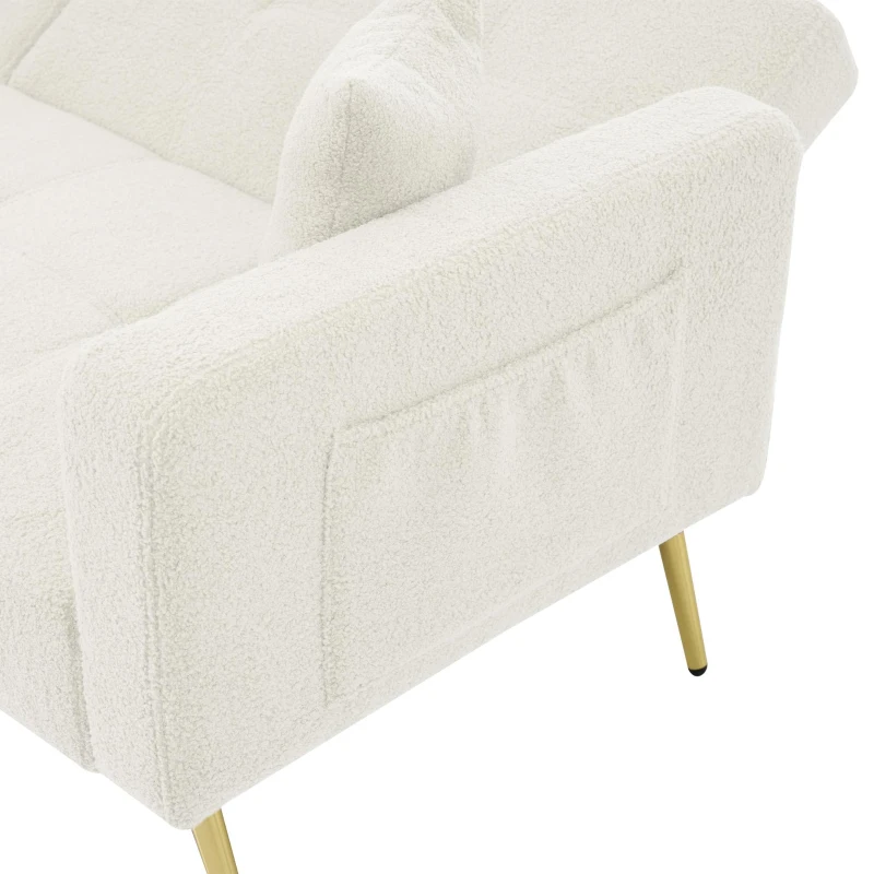 Divano letto con funzione letto, schienale regolabile, gambe dorate, rivestimento in sherpa, 175x64x72 cm, Bianco