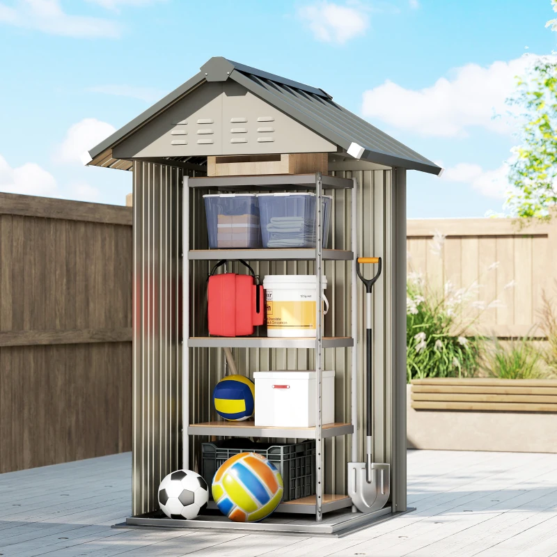 Outsunny Depozit metalic pentru unelte 1,17 m², magazie cu acoperiș în două ape, ventilație, lacăt și mănuși, 122 x 121 x 192 cm