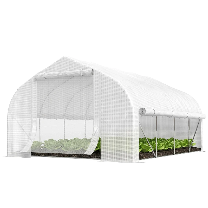 Outsunny Estufa Tipo Túnel 395x300x200 cm com Porta de Malha e 8 Janelas Estufa de Jardim com Cobertura de PE Branco
