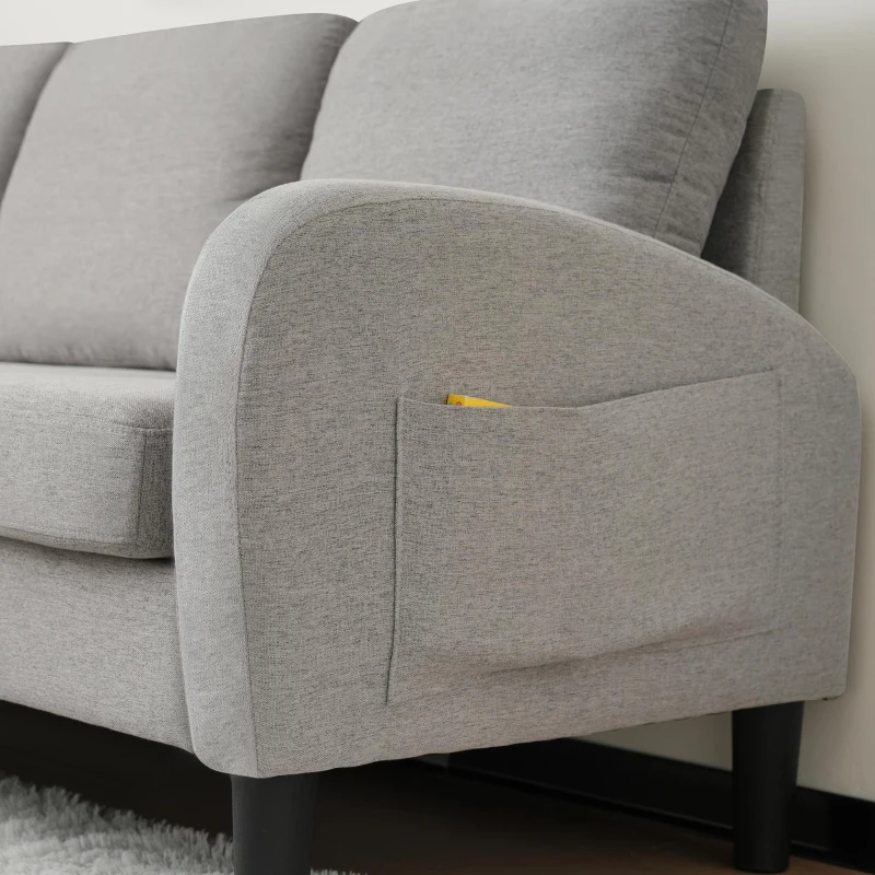 Divano angolare a forma di L con chaise longue, rivestimento in cotone-lino, cuscini inclusi, 166x118x77 cm, Grigio