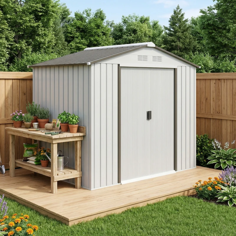 Outsunny Abrigo de Jardim 213x130x185cm Abrigo de Jardim Metálico de Exterior com 2 Portas Deslizantes e 4 Janelas Branco e Cinza