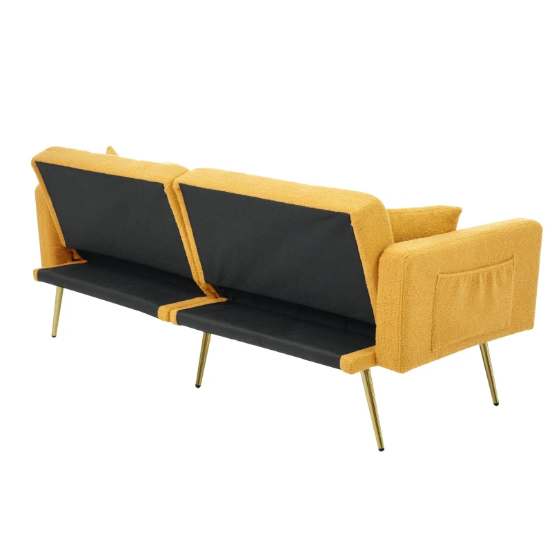 Divano letto con funzione letto, schienale regolabile, gambe dorate, rivestimento in sherpa, 175x64x72 cm, Giallo