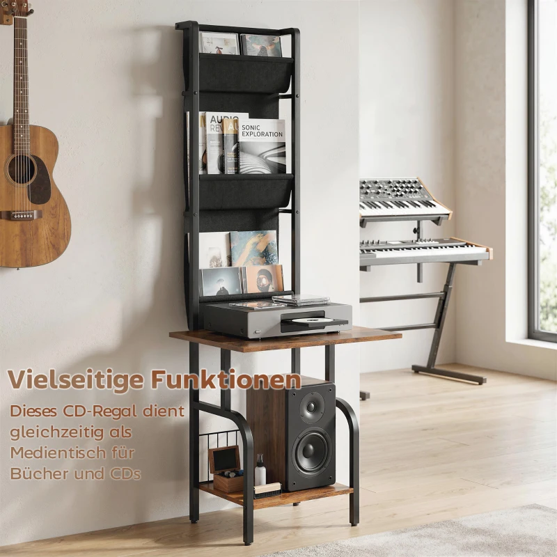 HOMCOM Industrielles CD-Regal, CD-Aufbewahrung, DVD-Ständer mit 3 Stofftaschen und Tischplatte, Rustikale Holzoptik in Braun