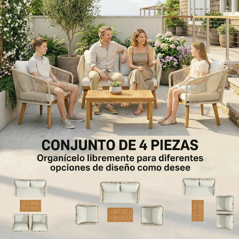 Outsunny Conjunto de Jardín Exterior 4 Piezas Sofá 2 Plazas 2 Sillones Cuerda PP Mesa Marco de Acero y Madera Acacia Cojines