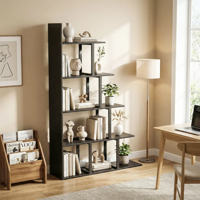 HOMCOM Étagère bibliothèque séparateur de pièce style industriel en escalier 5 étagères 102 x 30 x 160 cm coloris noir