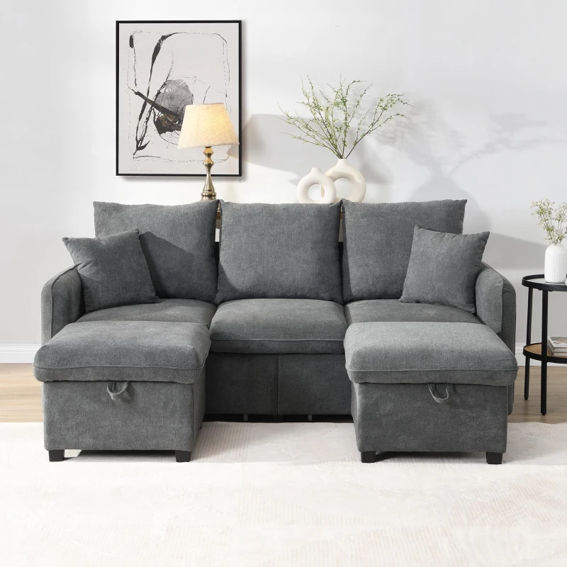 Divano angolare a U, con vano contenitore, pouf incluso, rivestimento in chenille, 188x186x86 cm, Grigio scuro