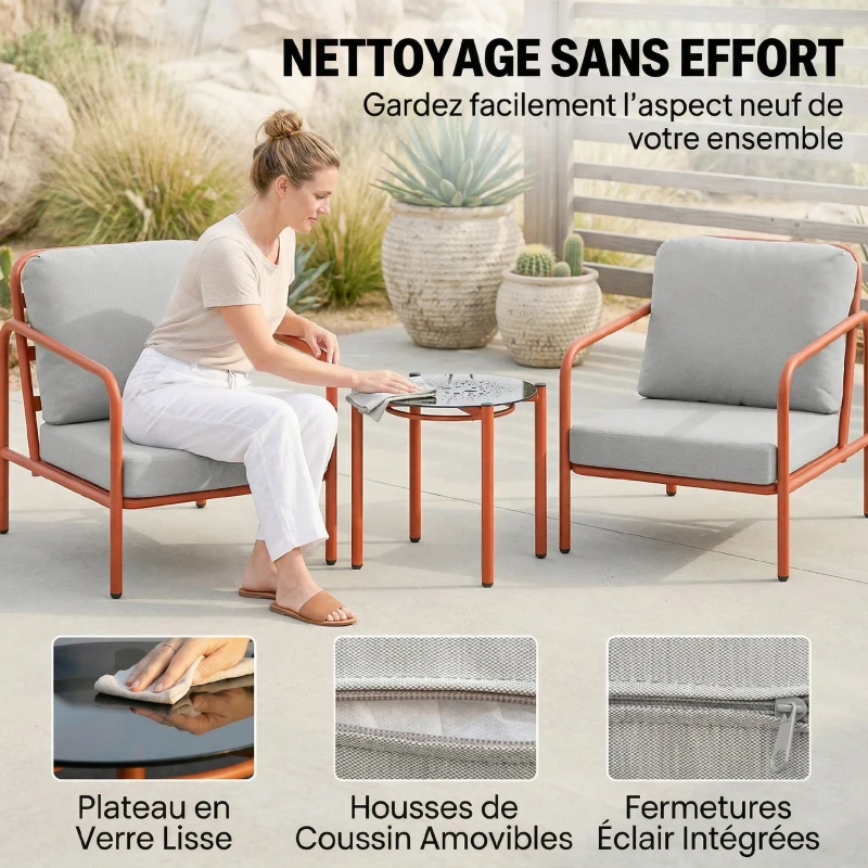 Outsunny Salon de Jardin 3 Pièces, 2 Fauteuils, 1 Table Basse, Coussins Épais, Plateau en Verre Trempé, 63x77x76cm, Rouge Vineux