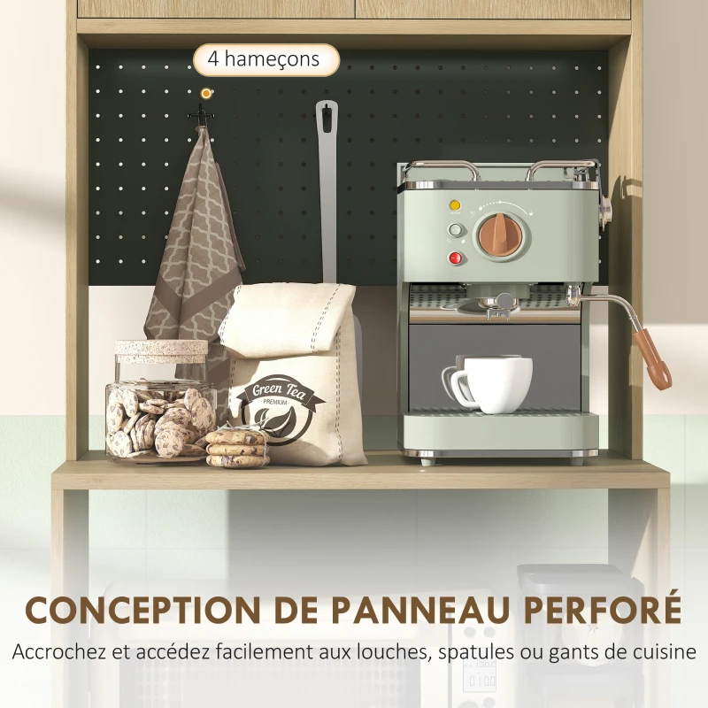 HOMCOM Meuble micro-ondes, buffet, 2 tiroirs, 2 portes, plan de travail, étagère réglable, panneau perforé, 4 crochets, naturel