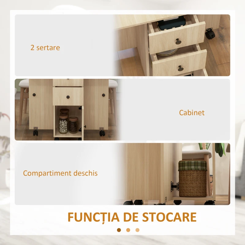 HOMCOM Masă de Bucătărie Pliabilă, Masă Rabatabilă cu Roți și Frâne pentru 6 Persoane, Birou Pliabil cu 2 Sertare și Dulap, pentru Living, 120x60x76.5 cm, Lemn Natural