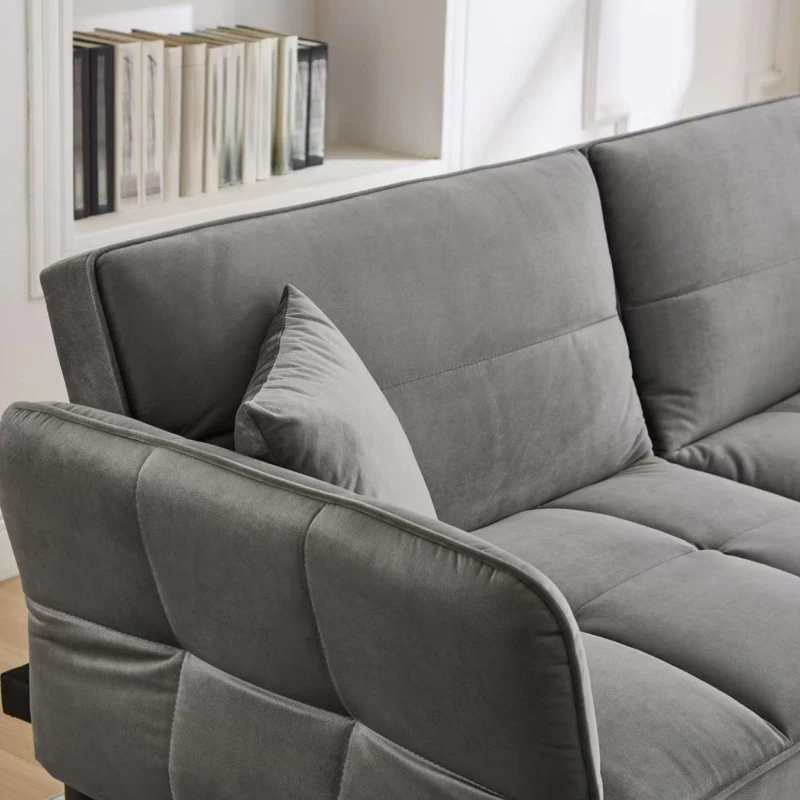 Divano-letto 2-in-1, schienali regolabili, rivestimento in velluto, gambe in legno, 176x78x76 cm, Grigio