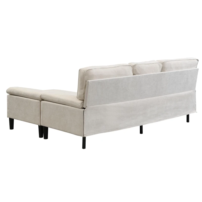 Divano angolare a L in chenille, pouf mobile, cuscini inclusi, 195x149x86 cm, Beige chiaro