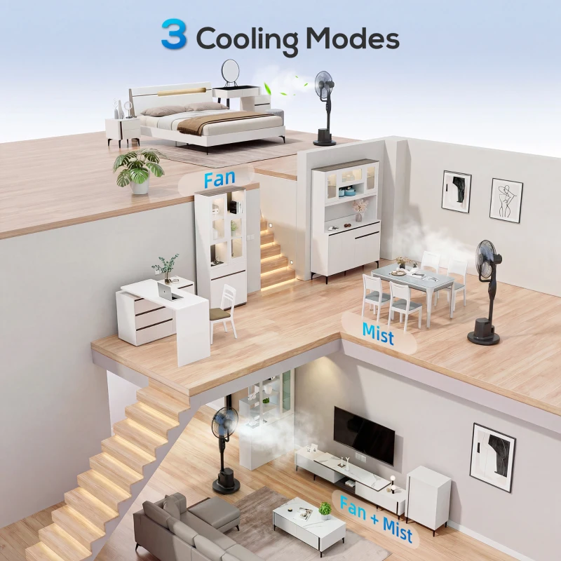 HOMCOM Stojący wentylator z mgiełką, oscylacja 70°, 3 prędkości, 3 tryby, zbiornik 3,5 l, czarny