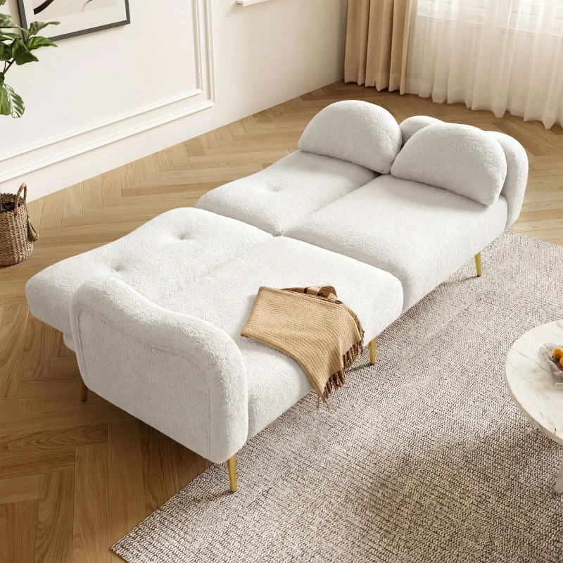 Divano letto 2 posti con superficie effetto lana d'agnello e piedi dorati, 175x79x82 cm, Bianco