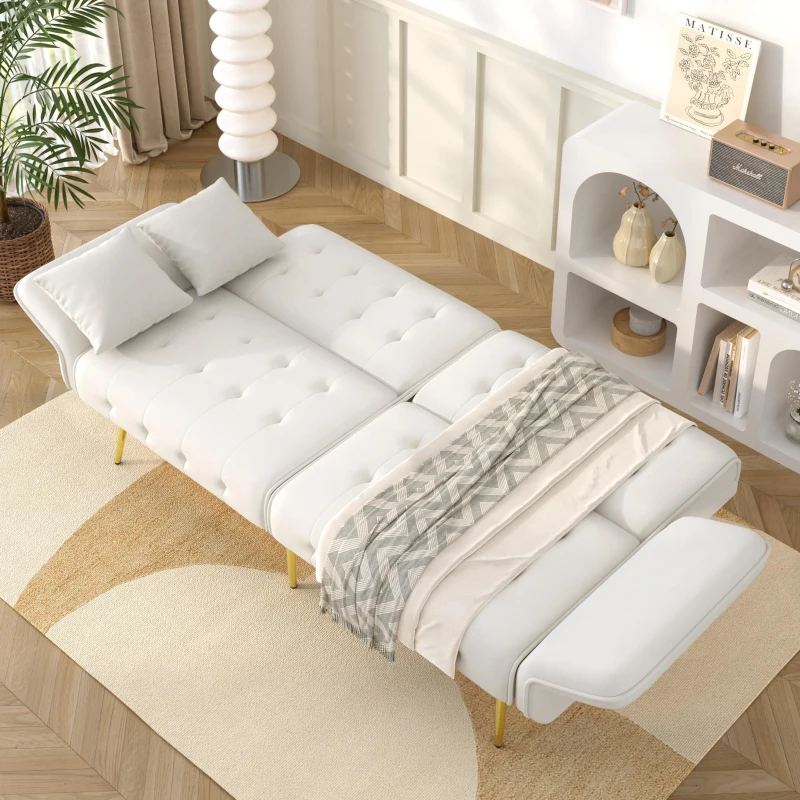 Divano-letto 2 posti, rivestimento in velluto, piedi dorati, 178x82x70 cm, Bianco