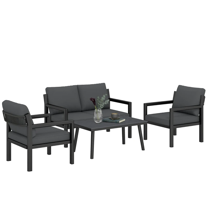 Outsunny 4 Seater Rattan Garden Furniture Set with 2 Armchairs, Loveseat, Coffee Table, Garden Sofa Set with Cushions, Dark Grey