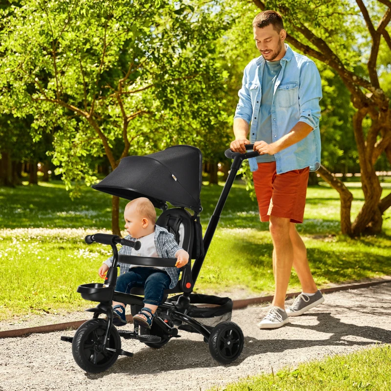 HOMCOM Triciclo Bebé 4 en 1 Bicicleta para Niños 1-5 Años con Asiento Giratorio Capota Ajustable Mango de Empuje Telescópico y Reposapiés Plegable Carga 25 kg 111,5x52x98 cm Negro