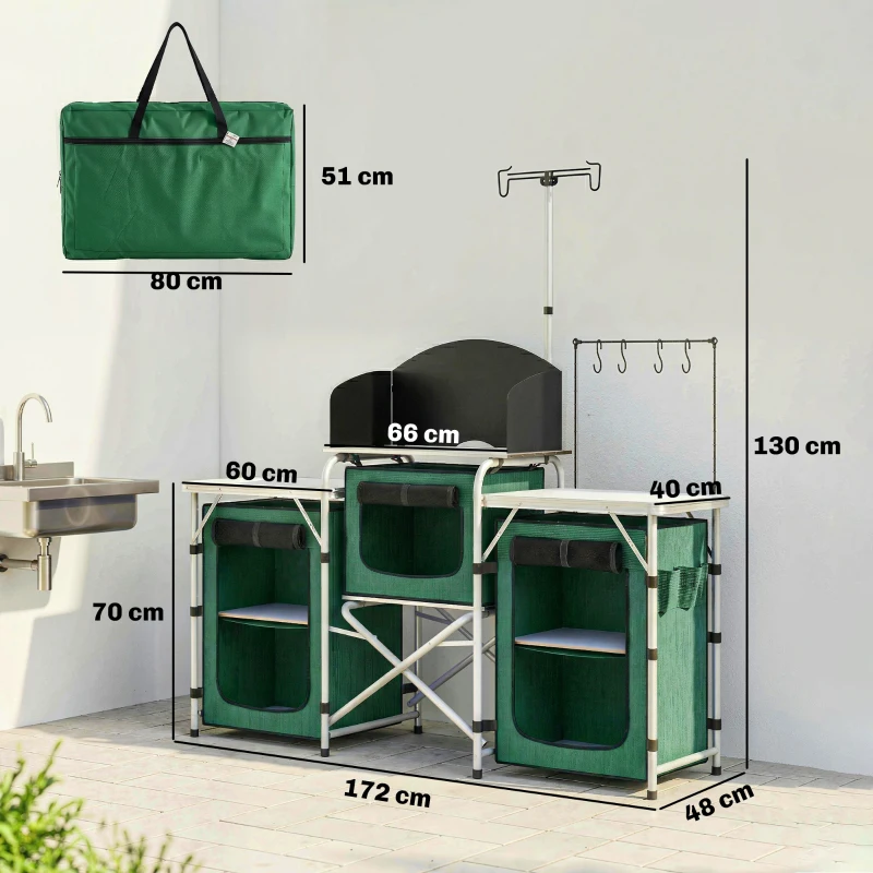 Outsunny Mueble de Cocina para Camping Plegable con 3 Mesas 4 Ganchos Poste de Luz y Bolsa de Transporte 172x48x130 cm Verde