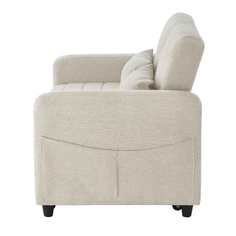 Divano pieghevole a due posti, rivestimento in cotone-lino, 114x77x82,5 cm, Beige