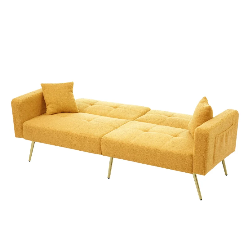 Divano letto con funzione letto, schienale regolabile, gambe dorate, rivestimento in sherpa, 175x64x72 cm, Giallo