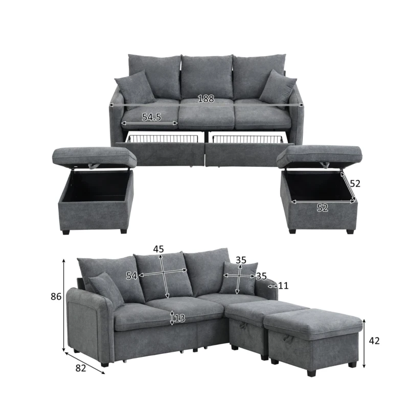 Divano angolare a U, con vano contenitore, pouf incluso, rivestimento in chenille, 188x186x86 cm, Grigio scuro