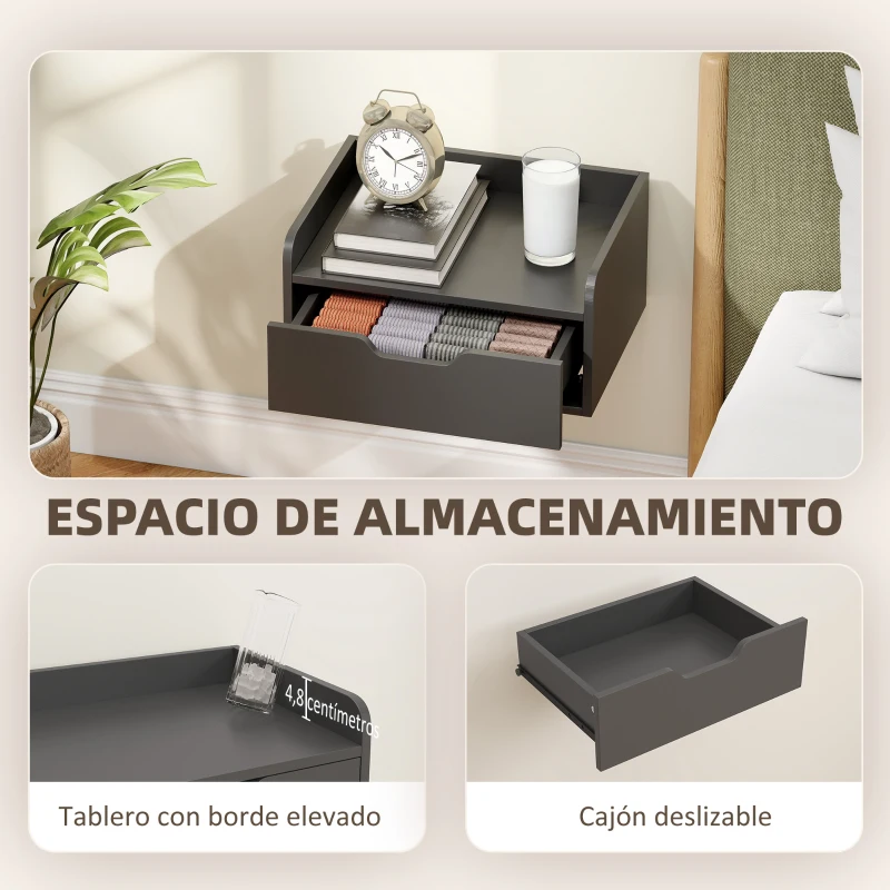 HOMCOM Set de 2 Mesitas de Noche de Pared Mesillas Flotantes con 1 Cajón para Dormitorio Habitación 40x30x19,5 cm Negro