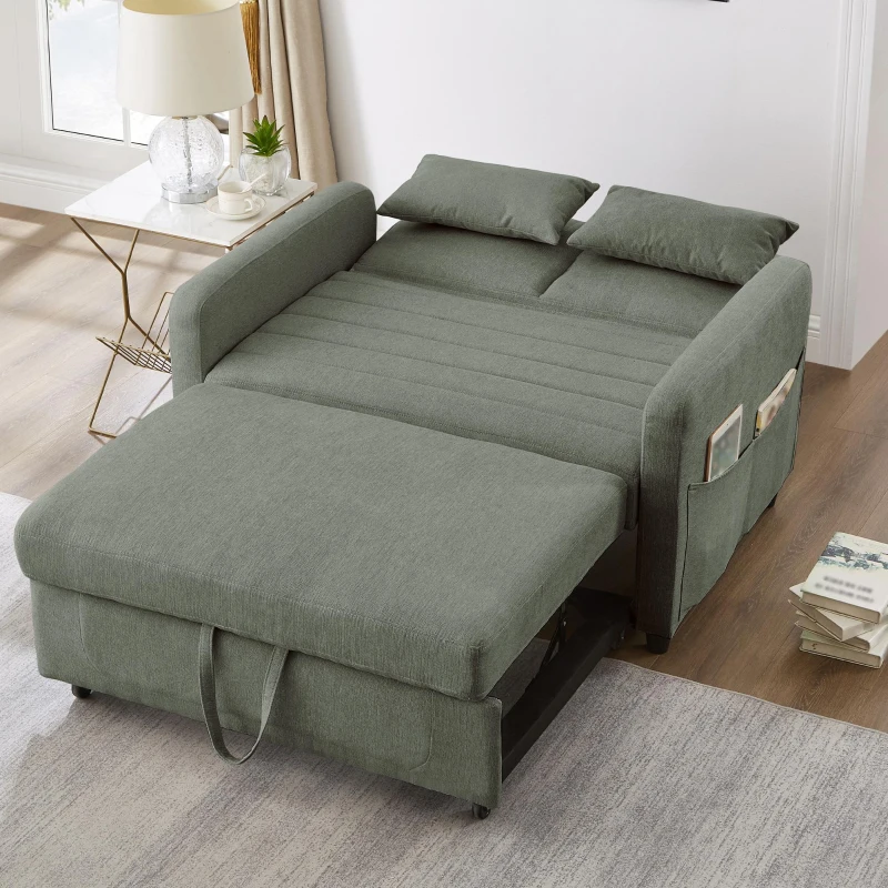 Divano pieghevole a due posti, rivestimento in cotone-lino, 114x77x82,5 cm, Verde militare