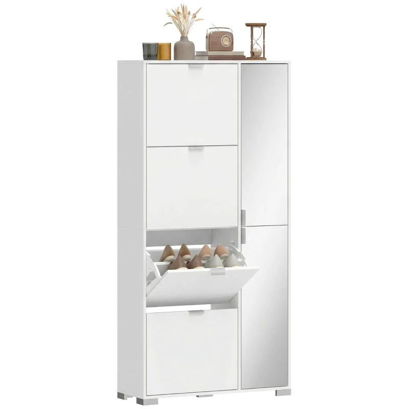 HOMCOM Meuble à chaussures 16 paires armoire à chaussures 4 tiroirs rabattables 2 portes en miroir étagères réglables blanc