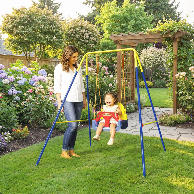 AIYAPLAY Estrutura de Baloiço Infantil Dobrável Estrutura Metálica para 1 Baloiço com 2 Ganchos 4 Estacas 128x155x157 cm Azul