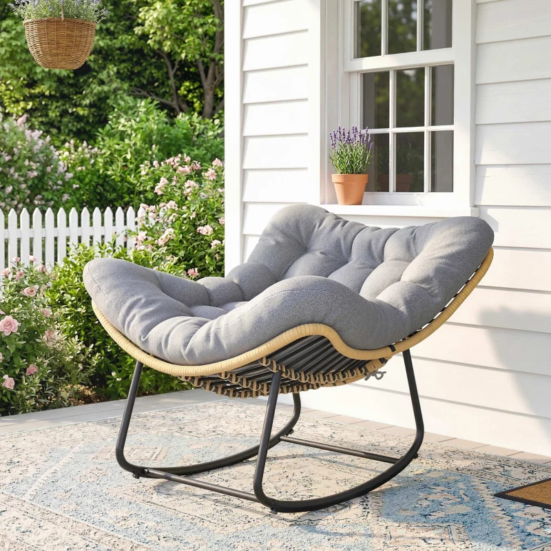 Outsunny Fauteuil à bascule de jardin pour intérieur et extérieur, rocking chair en résine tressée avec coussin moelleux, gris