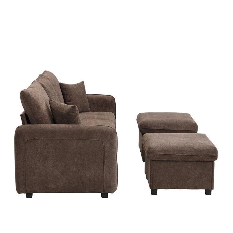 Divano angolare a U, con vano contenitore, pouf incluso, rivestimento in chenille, 188x186x86 cm, Marrone