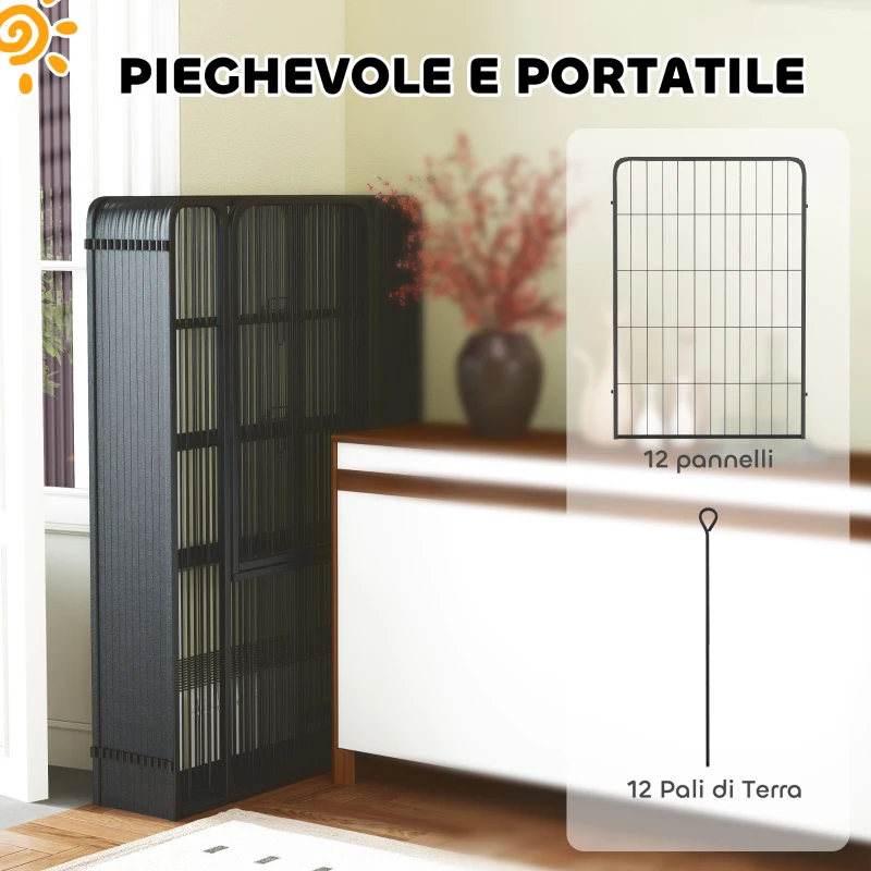 PawHut Recinto per Cani Pieghevole in Acciaio con Picchetti per Interni ed Esterni, 68 x 100 cm, 12 Pannelli, Nero