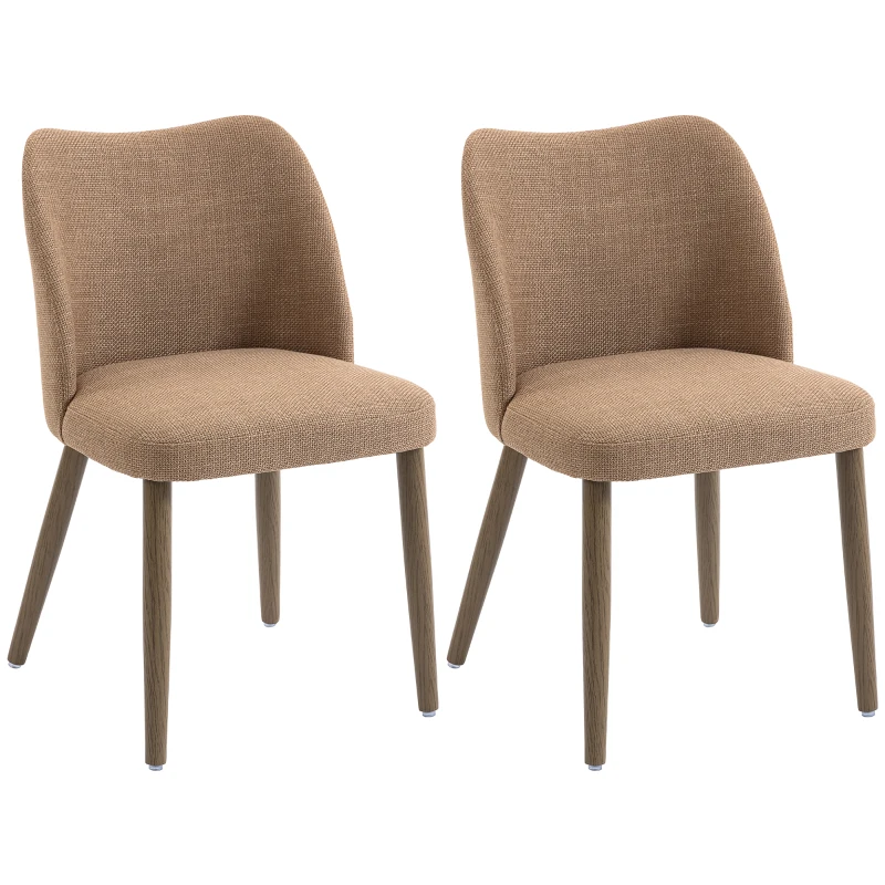 HOMCOM Dining Chairs Set of 2, Linen Upholstered Kitchen Chairs with Padded Seat, Curved Backrest, Rubberwood Legs, Brown