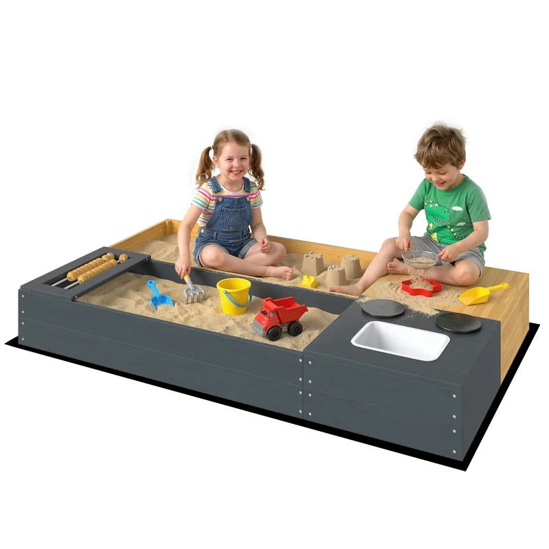 AIYAPLAY Sandkasten 2-teilig 150x90cm Holz Sandkiste mit Sitzbank Stauraum Herd herausnehmbarem Waschbecken Abakusperlen Gelb