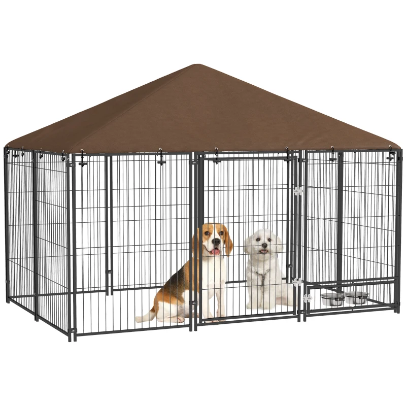 PawHut Outdoor Dog Kennel Puppy Play Pen with Canopy Garden Playpen Fence Crate Enclosure Cage Rotating Bowl 211 x 141 x 151 cm