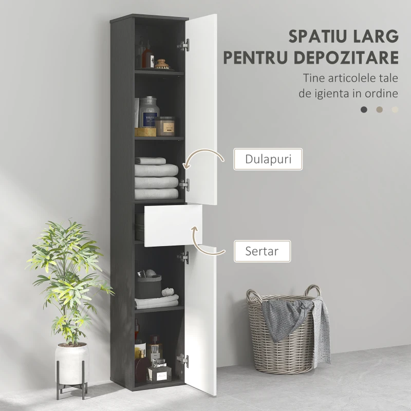 kleankin Coloană de baie economisitoare de spațiu din lemn cu 2 dulapuri și sertar, 30x28x180 cm, negru(m-4)