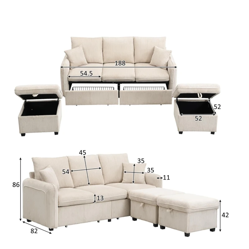 Divano angolare a U, con vano contenitore, pouf incluso, rivestimento in chenille, 188x186x86 cm, Beige