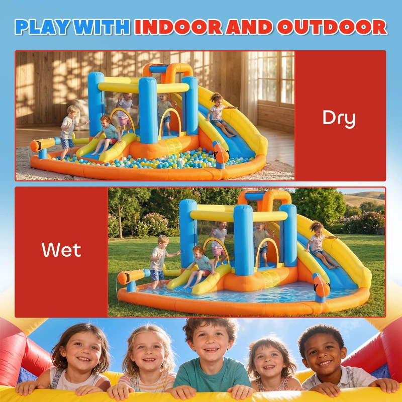 AIYAPLAY 5 in 1 Bouncy Castle for Children, Inflatable Bounce House with Dual Slides, Pool, Climbing Wall, Water Cannons, Blower