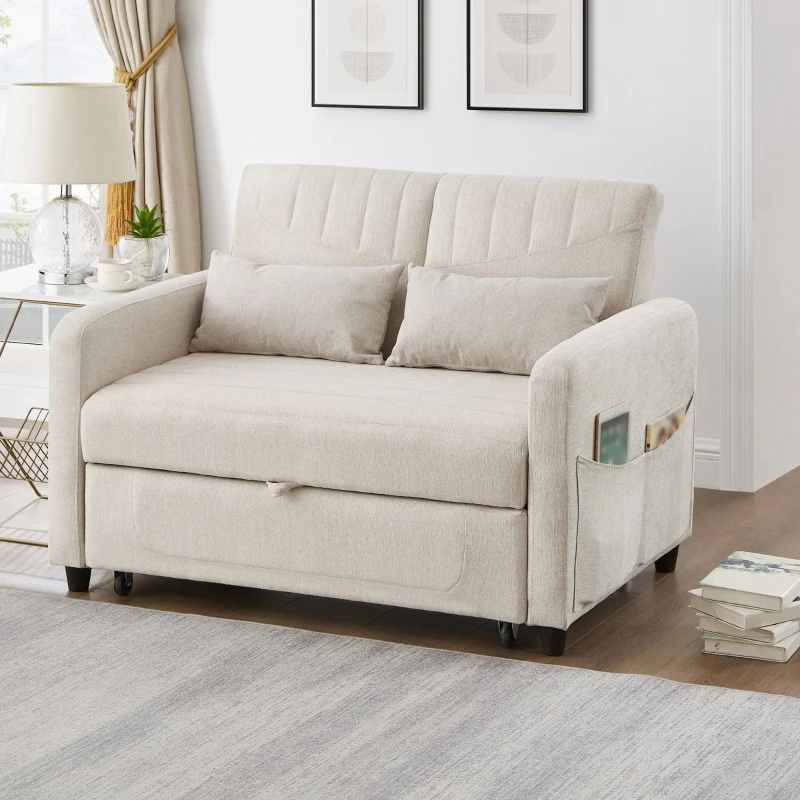 Divano pieghevole a due posti, rivestimento in cotone-lino, 114x77x82,5 cm, Beige