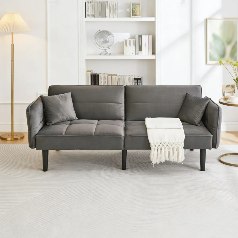 Divano-letto 2-in-1, schienali regolabili, rivestimento in velluto, gambe in legno, 176x78x76 cm, Grigio