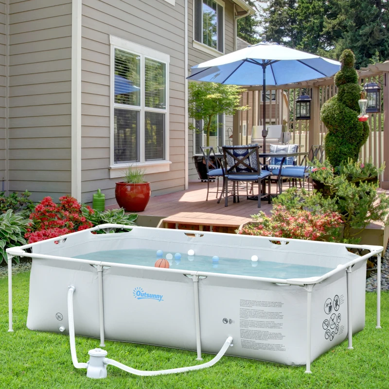 Outsunny Piscina Desmontável Tubular 252x152x65cm com Depuradora de Cartucho Piscina Retangular de Exterior para Adultos e Crianças 2.163L Cinza