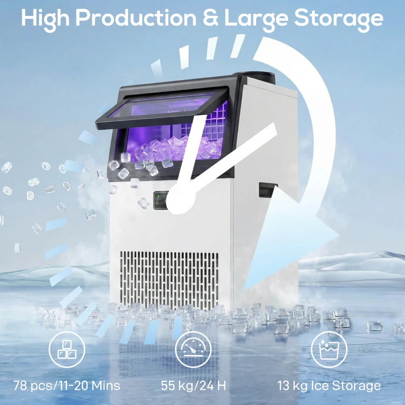 HOMCOM Commerciële IJsblokjesmachine, 55 kg/24u Roestvrij Staal Onderbouw of Vrijstaande IJsblokjesmaker met 13 kg Opslag