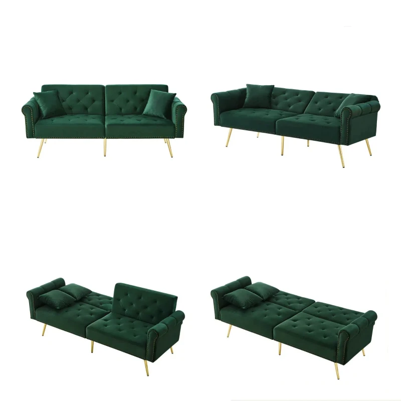 Divano letto 2 posti, rivestimento in velluto, piedi dorati, 173x75x70 cm, Verde