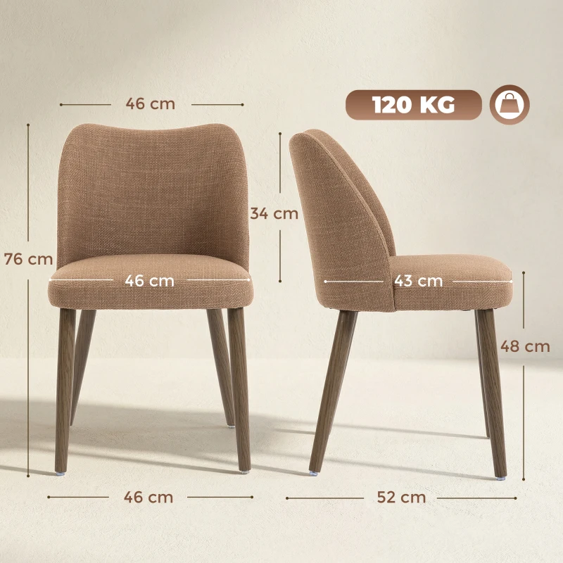 HOMCOM Dining Chairs Set of 2, Linen Upholstered Kitchen Chairs with Padded Seat, Curved Backrest, Rubberwood Legs, Brown