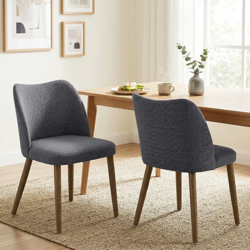 HOMCOM Dining Chairs Set of 2, Linen Upholstered Kitchen Chairs with Padded Seat, Curved Backrest, Rubberwood Legs, Dark Grey