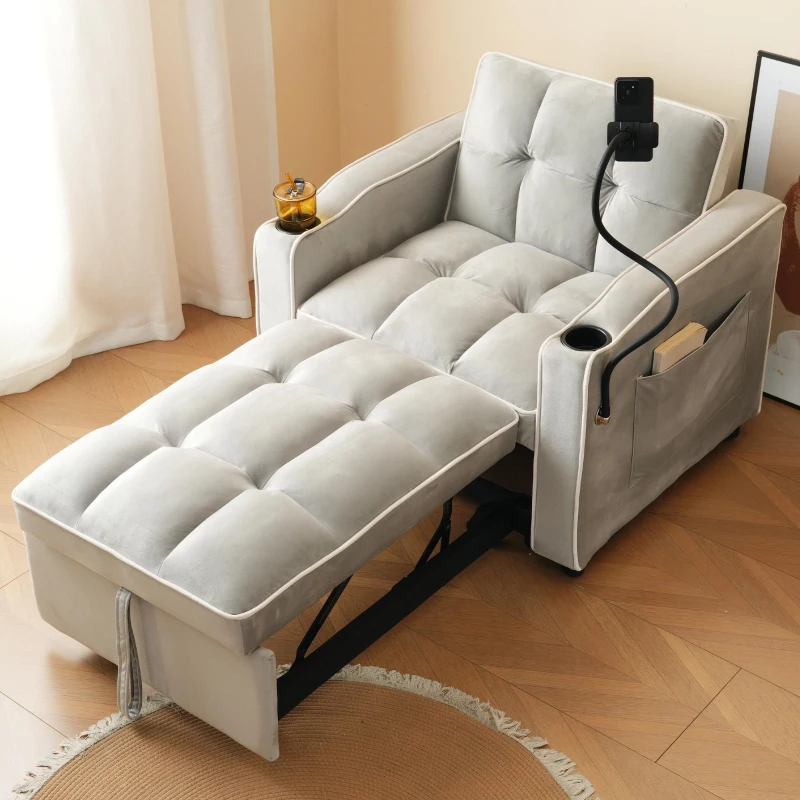 Divano letto estraibile 3-in-1, con portabicchieri e porta smartphone, rivestimento in velluto, struttura in metallo, 83x167x76 cm, Grigio e bianco