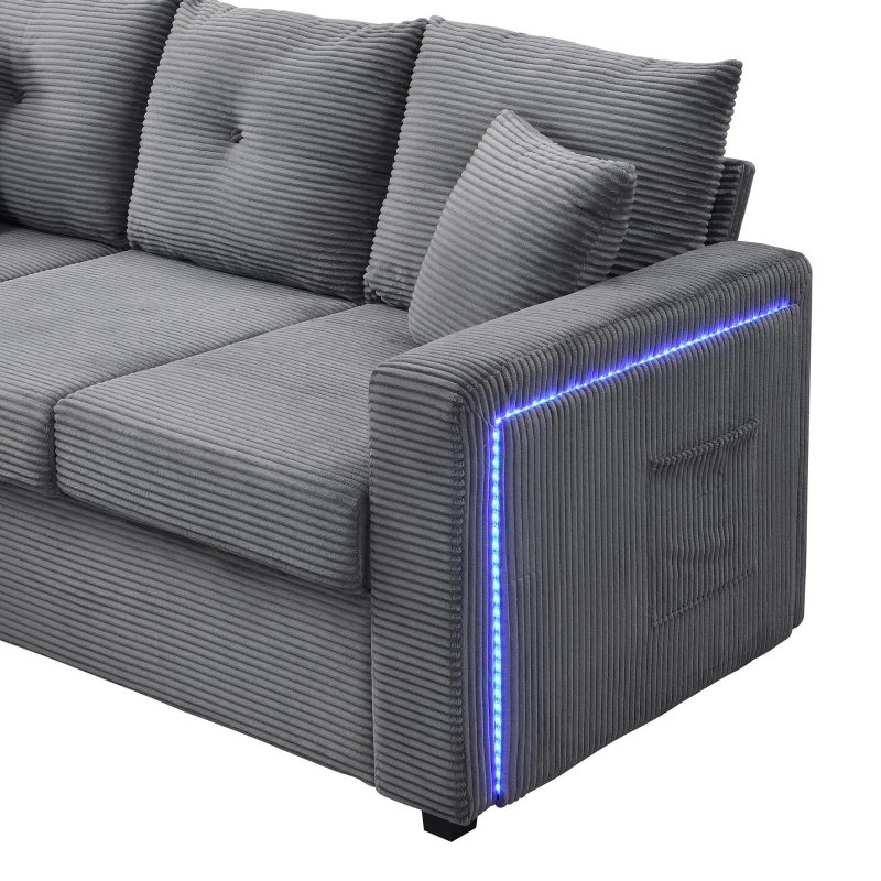 Divano a L con LED, rivestimento in velluto a coste, ottomana, 184x84,5x85,5 cm, Grigio