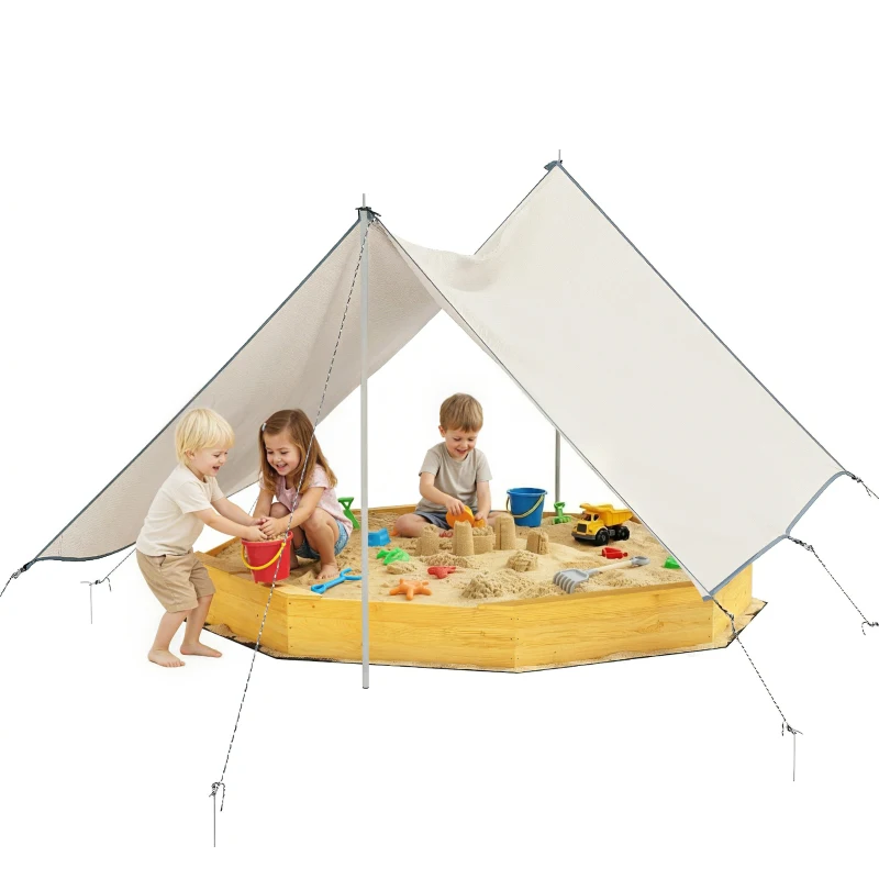 AIYAPLAY Sandkasten mit Dach 4 Sitzbänken Bodenplane für 8 Kinder von 3-8 Jahren für Outdoor Garten Holz 214,5 x 214,5 cm Gelb