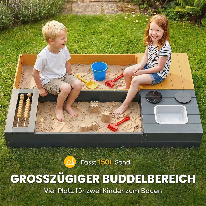 AIYAPLAY Sandkasten 2-teilig 150x90cm Holz Sandkiste mit Sitzbank Stauraum Herd herausnehmbarem Waschbecken Abakusperlen Gelb