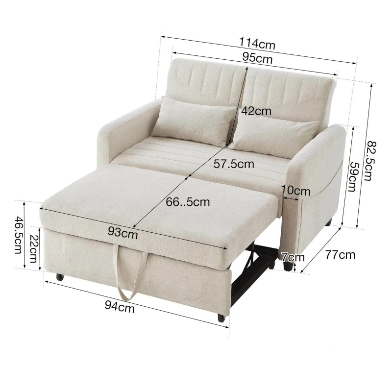 Divano pieghevole a due posti, rivestimento in cotone-lino, 114x77x82,5 cm, Beige